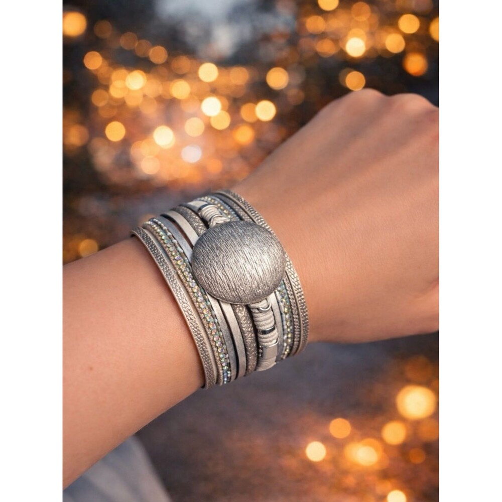 Silver Multi Strand Wrap Bracelet with Textured Disc